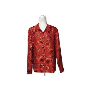 Easy Spirit Red Floral Silk Metal Buttons Blouse Top Size Medium Collared